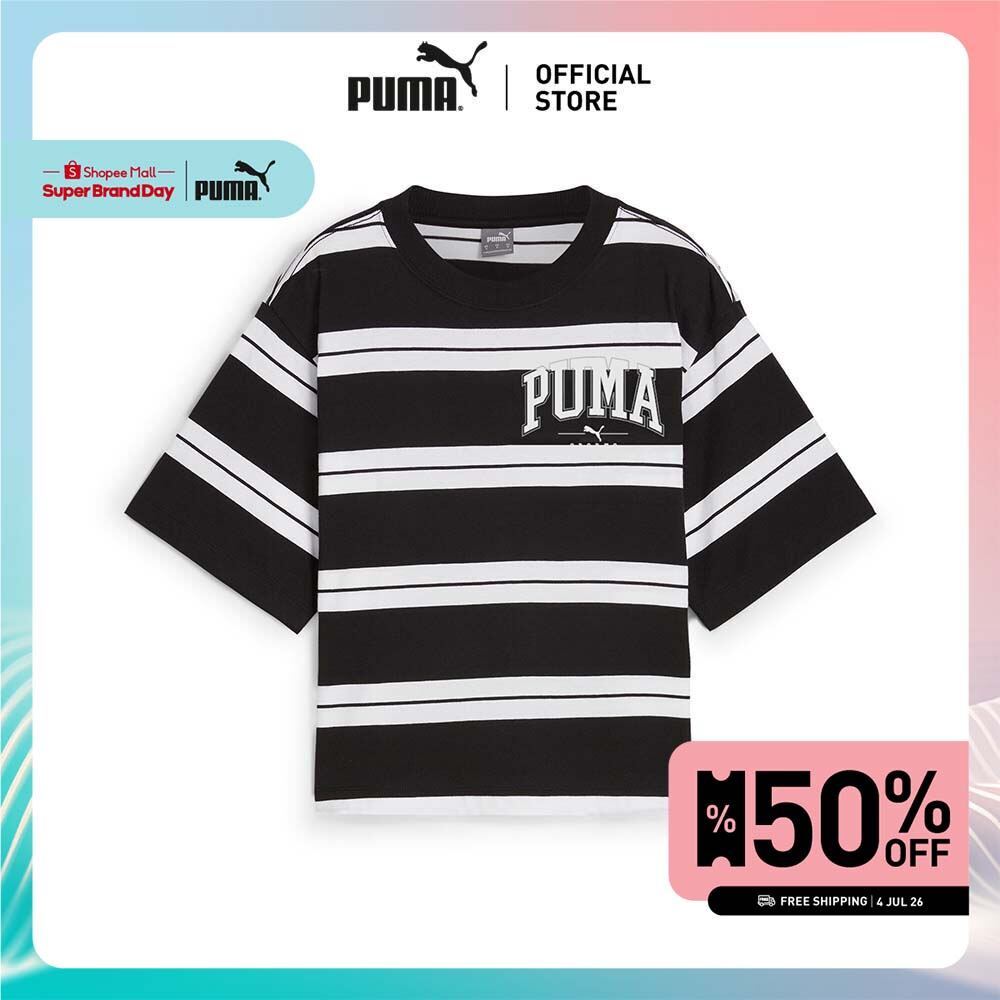 PUMA BASICS - เสื้อยืดผู้หญิง PUMA SQUAD Striped สีดำ - 68153801