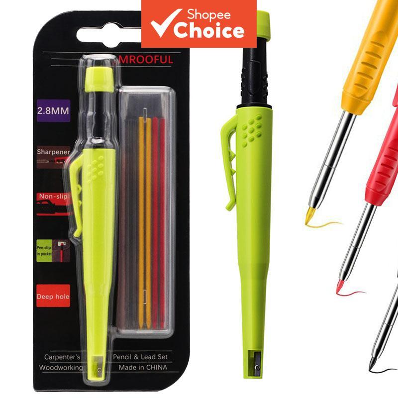 ชุดปากกามาร์กเกอร์แบบการ์ด - 1 ด้ามพร้อมปลอก + ไส้สี 6 แท่ง - มีกบเหลาในตัว, ปลายยาวสําหรับมาร์กในรูลึกและพื้นที่แคบ เครื่องมือช่างไม้