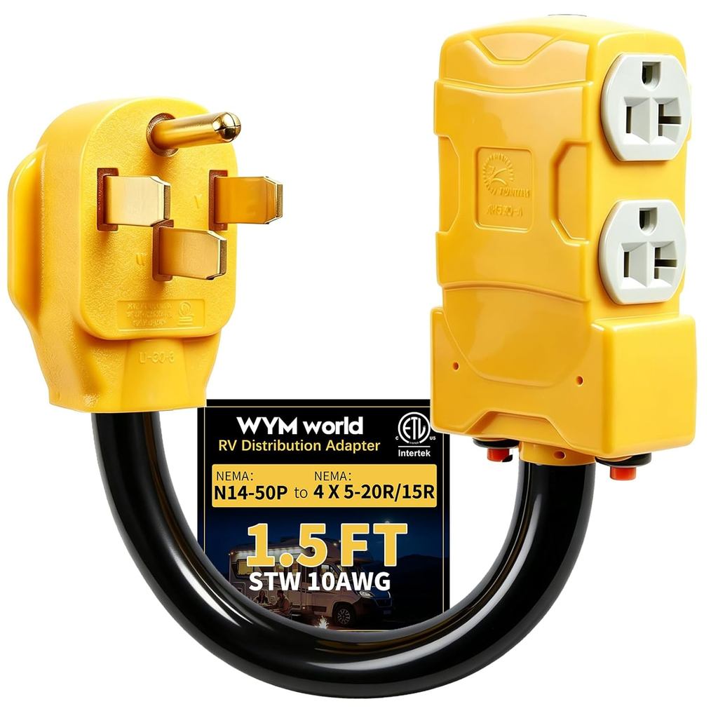 50 Amp ถึง 20 Amp 110V RV Distribution Adapter, NEMA 14-50P ถึง 4 X 5-20R/15R RV 4-Prong ถึง Mutiple