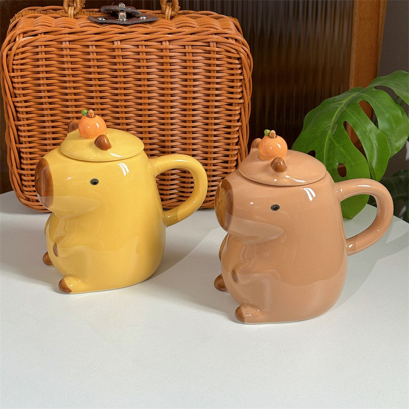Kapi Capybara พร้อมฝาปิดถ้วยคู่ตลกขนาดใหญ่ - ความจุถ้วยเซรามิคถ้วยน้ําแก้วน่ารัก emn Jimei Shop