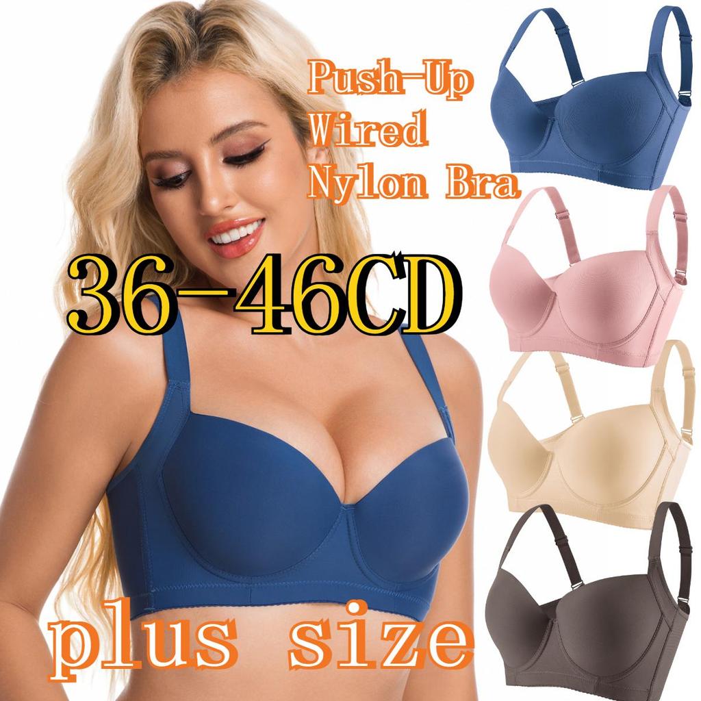 [36-46CD] plus size Push-Up Wired Nylon Bra Stretchable Adjustable Straps Cup C/D Womens ชุดชั้นใน F