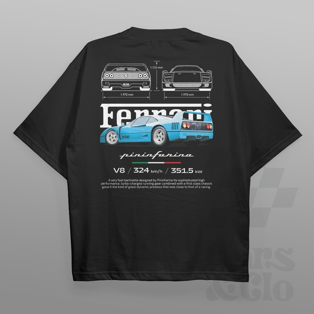 รถยนต์และ Clo - Regular Fit Black - เสื้อเสื้อยืดพิมพ์ลายสีน้ําเงิน Ferrari F40