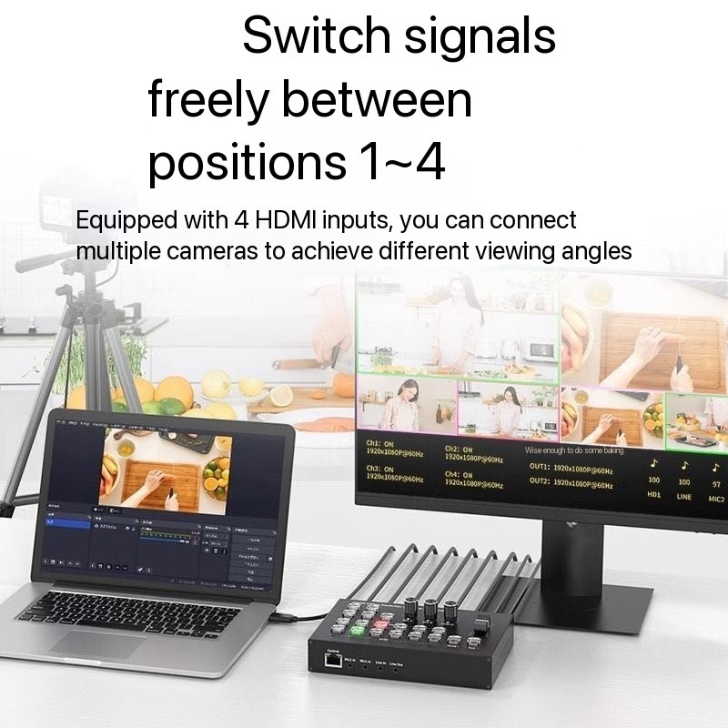 4 ทาง HDMI Video Switcher กล้องหลายตัวถ่ายทอดสดออกอากาศคอนโซล Video Mixer Switcher Station