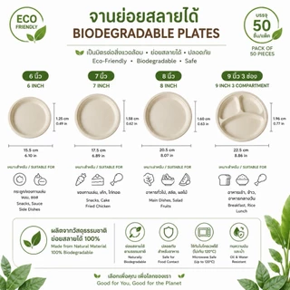 จานชานอ้อยย่อยสลายได้ Food Grade | Biodegradable Bagasse Plates จานรักษ์โลก จานใช้ แล้วทิ้ง จานอาหารปลอดภัย (50 ใบ/แพ็ค)