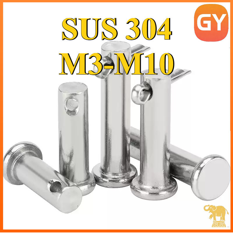 หมุดพิน ปิ๊น สลัก หัวกลมแบน สแตนเลส 304 แถมปิ้นเสียบ M3/M4/M5/M6/M8/M10 * L8-150 มม. / Clevis Pin w/