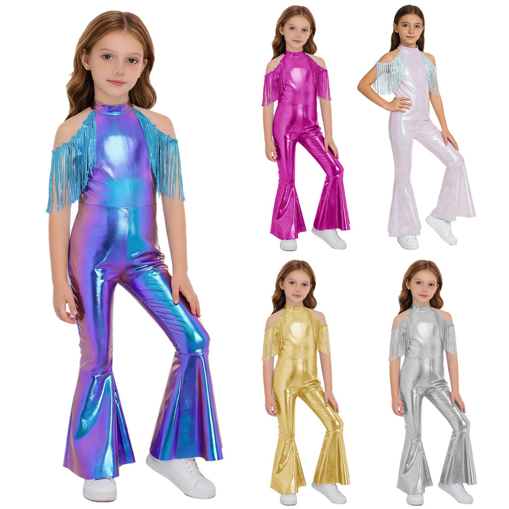 Fldy เงาฮาโลวีน Hippie เครื่องแต่งกายสําหรับเด็กสาวพู่แขน Sequins Disco ชุด 70 S 80 S Prom Flare Jum
