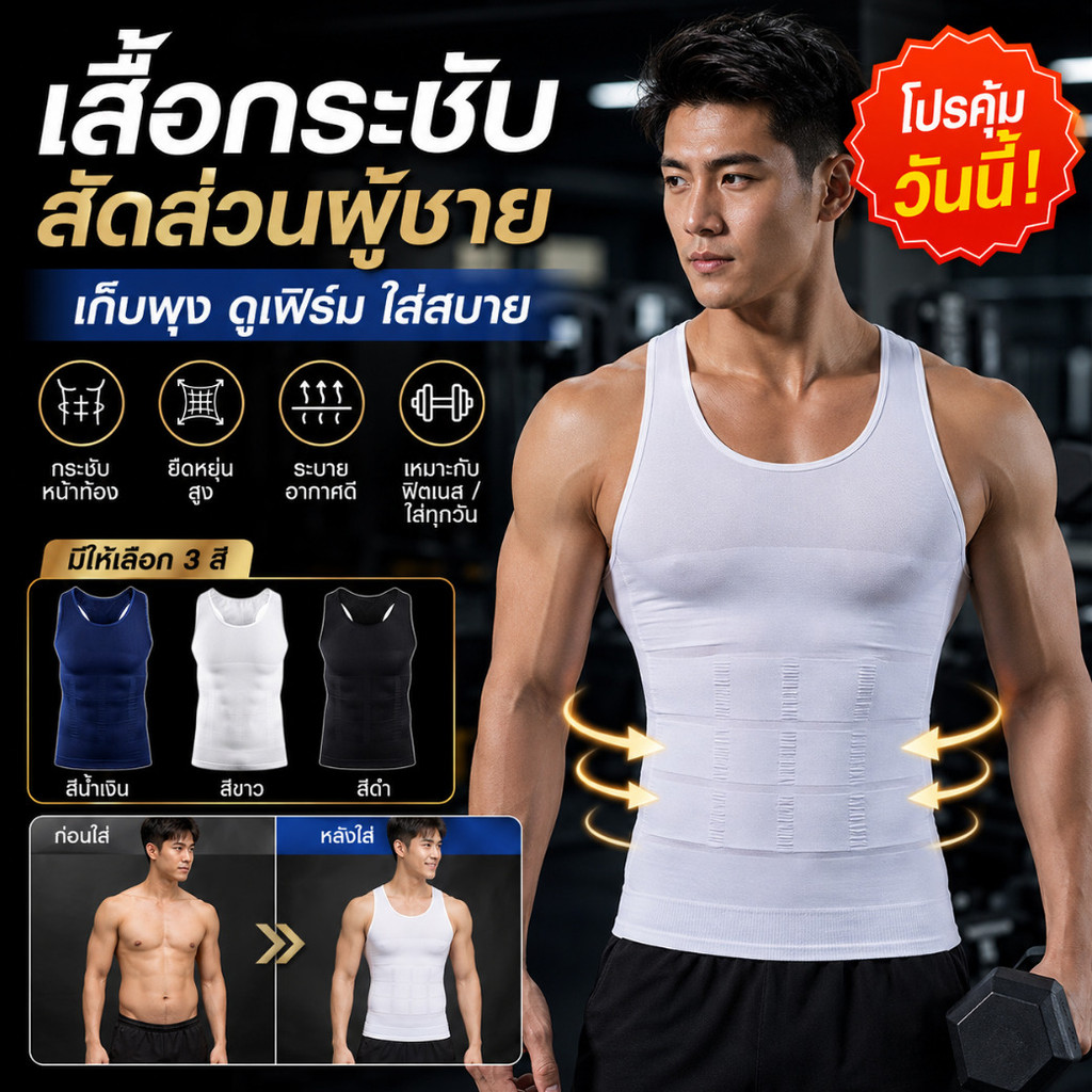 เสื้อกระชับสัดส่วนผู้ชายสำหรับออกกำลังกาย/ดูแลรูปร่าง/แก้ไขพุง/เสื้อกล้ามรัดรูป/เสื้อยืดรัดรูป/ช่วยลดไขมัน/เหมาะกับฟิตเนส/คนที่ต้องการลดน้ำหนัก/ใส่เมื่อออกกำลังกาย/ออกแบบเพื่อกระชับหุ่น