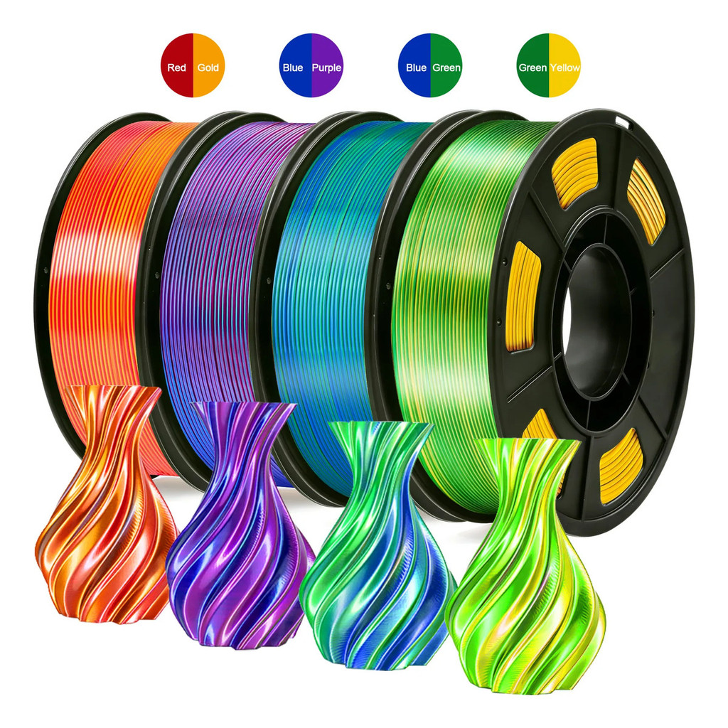 1.75 มม.ผ้าไหม Dual Color PLA 3D เครื่องพิมพ์เส้นใย Bundle, Multi Color 4 แกน 250 กรัมแต่ละ