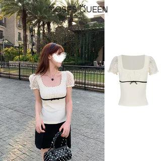 MOSESQUEEN ความเมตตา สไตล์เกาหลีแขนฟองลูกไม้ติดตั้งแขนสั้นเสื้อยืดผู้หญิงฤดูร้อนร่างกายรูปร่างผอมอายุลดร้อยสไตล์แฟชั่นเสื้อ #63930
