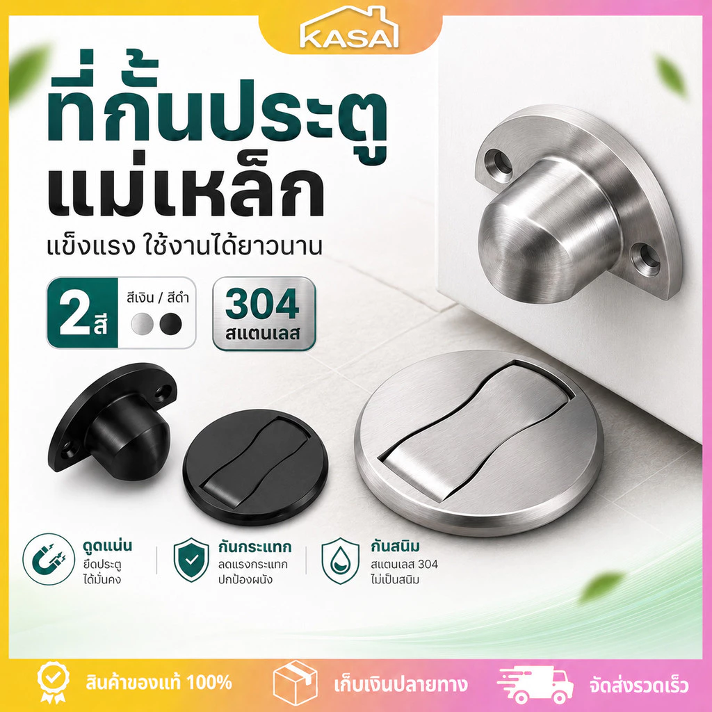 กันชนประตู แม่เหล็ก ที่หยุดประตู แบบติดพื้น ไม่ต้องเจาะ สแตนเลส แข็งแรง ทนทาน ป้องกันชนผนัง พร้อมสกรู สีเงิน/ดำ