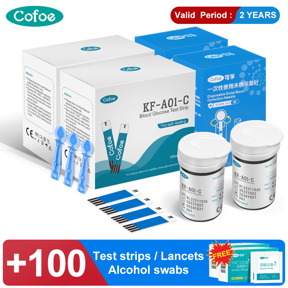 Cofoe Yice 100 ชิ้นแถบทดสอบน้ําตาลในเลือด 100 ชิ้น Lancets 100 ฟรี 100 ชิ้นแอลกอฮอล์ Swabs (ไม่มีจอภ