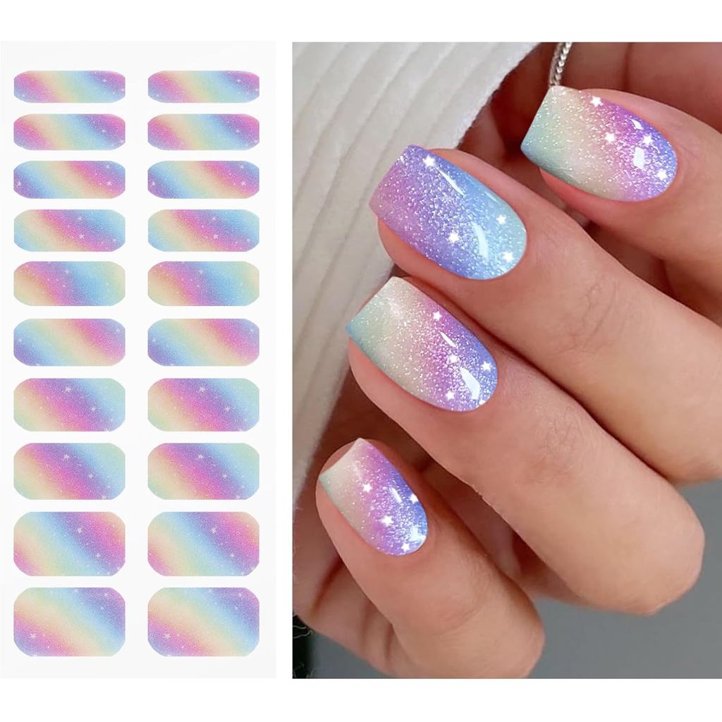 JMEOWIO เจลเล็บสติกเกอร์ Rainbow Glitter Semi Cured เจลเล็บแถบ Wraps UV/LED เล็บ Art ออกแบบอุปกรณ์ตก