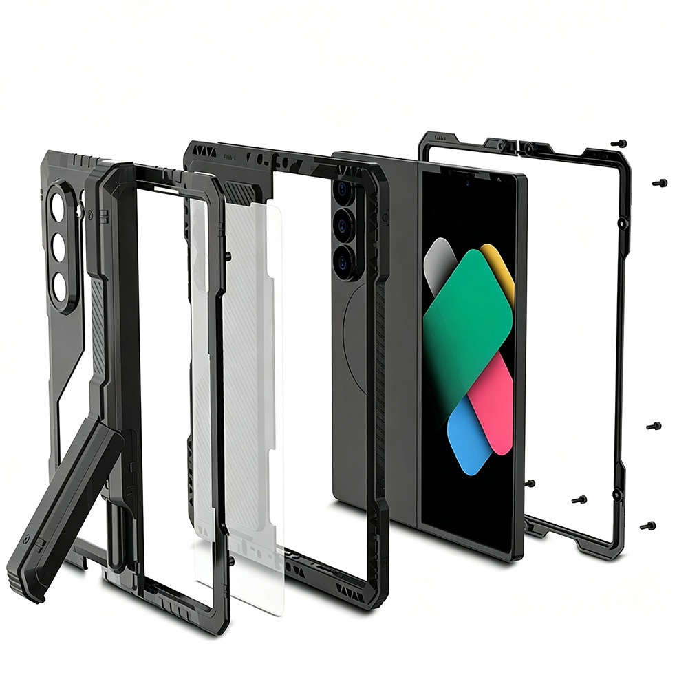 เคสแข็งแรง แถมฟิล์มปกป้องหน้าจอ สำหรับ Samsung Z Fold 4 5 6 7 8 Ultra โครงโลหะผสมซิลิโคน กันกระแทกสุดขั้ว มีขาตั้งในตัว
