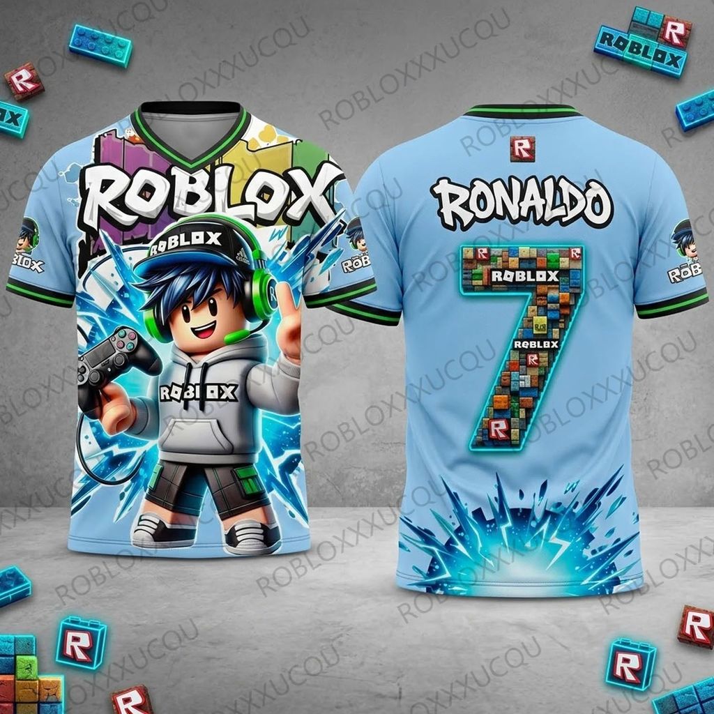 เสื้อยืด 3D Print Roblox Ronaldo Number 7 Football Jersey Short Sleeve T Shirt Gaming V Neck Top Sum