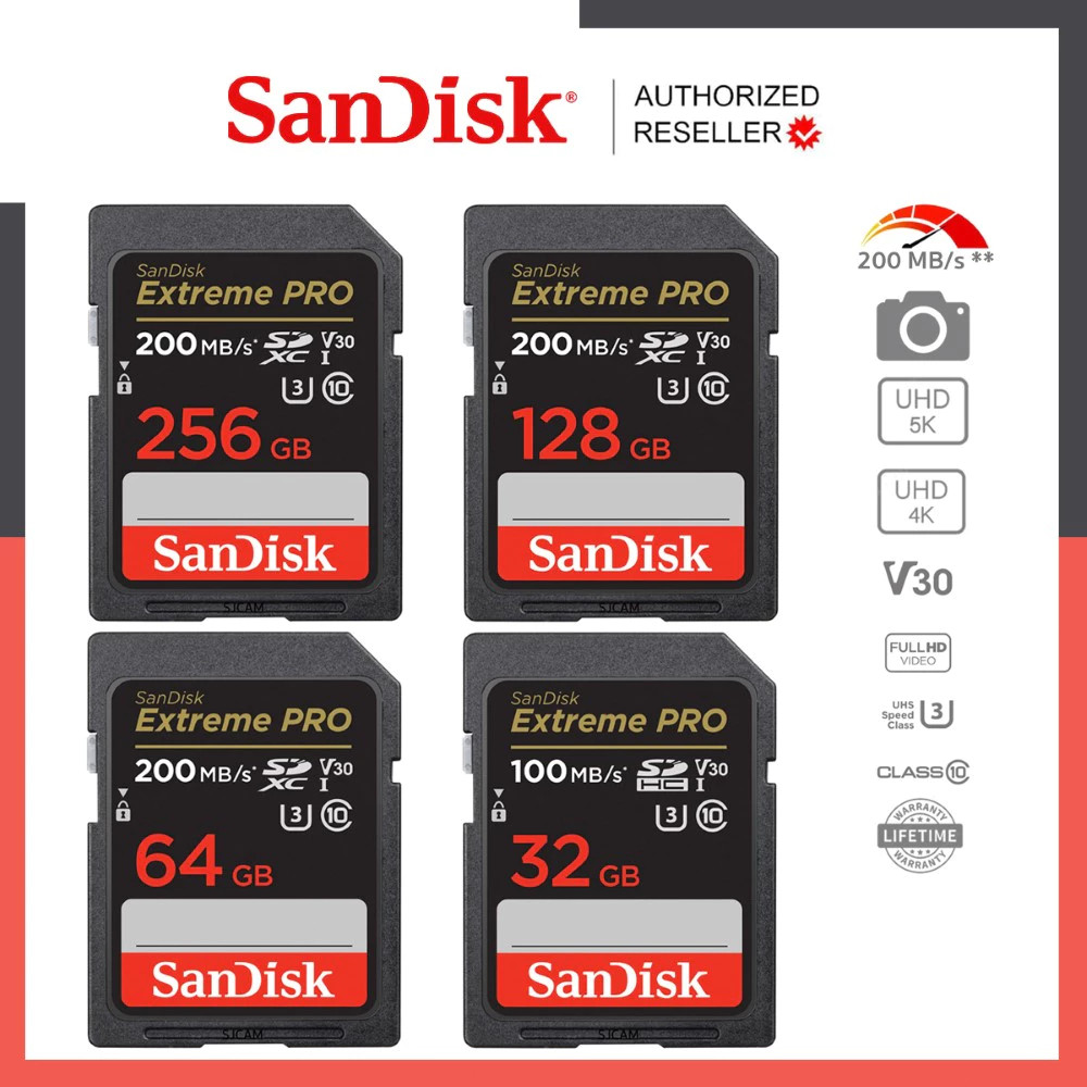 SanDisk Extreme Pro SD Card SDXC Speed R 200MBs 32GB 64GB 128GB ( SDSDXXD ) เมมโมรี่การ์ด กล้อง DSLR