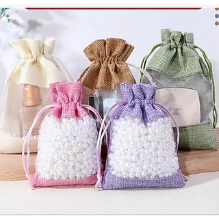 ✅พร้อมส่ง✅ถุงผ้ากระสอบหน้าใส ถุงหูรูด ใส่ของชำร่วย เครื่องประดับ