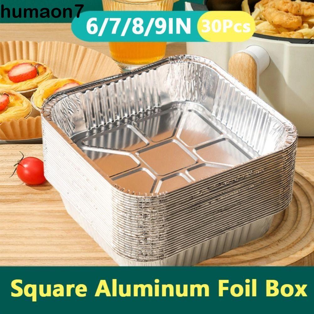 HUMAON 30 ชิ้นอลูมิเนียมฟอยล์ถาดอบ, 6/7/8/9 นิ้ว Non-Stick Air Fryer กระทะ, ฟอยล์กระทะนํากลับมาใช้ใหม่สแควร์เกรดอาหารอลูมิเนียมฟอยล์ชามเตาอบทําอาหาร
