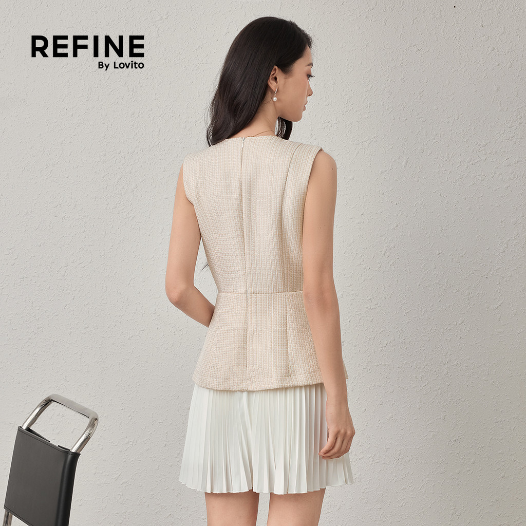 (Refine by Lovito) เดรสทำงาน ผ้าทวีด ดักซับเหงื่อ ต่อผ้า พลีท ลายโลหะ เดรสผู้หญิง ฤดูใบไม้ผลิ-ฤดูร้อน DRR42P1D011 — صورة 3