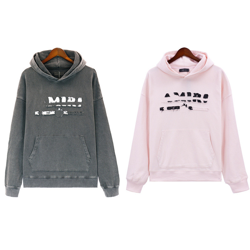 ล้างน้ําด้อยHoodieแฟชั่นPatch Frayed Letter amiriเสื้อกันหนาวผู้ชายผู้หญิงสบายๆกีฬาRetro Jacket