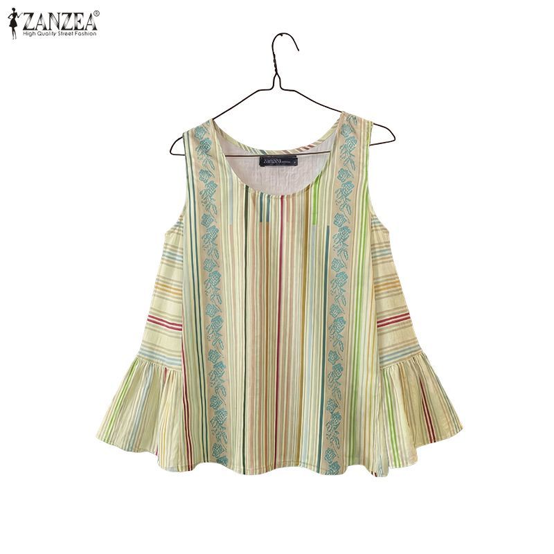 ZANZEA ผู้หญิงเกาหลีวันหยุดลําลองรอบคอแขนกุด Ruffles Pleats ลายพิมพ์ฤดูร้อน A-Line Tanks — صورة 6