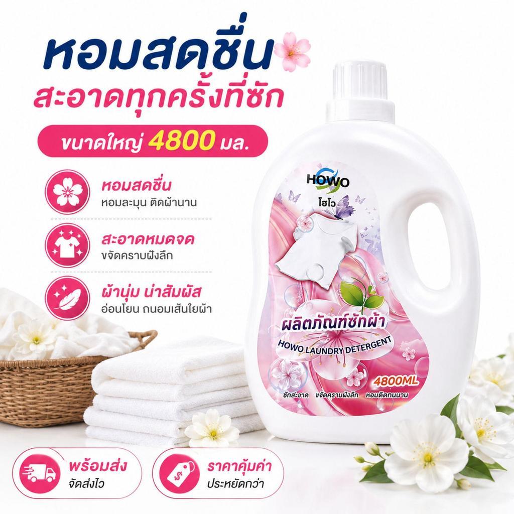 น้ำยาซักผ้า HOWO 4.8L สูตรเข้มข้น ซักสะอาด ล้างออกง่าย ผ้าหอมสดชื่น ซักมือและเครื่อง
