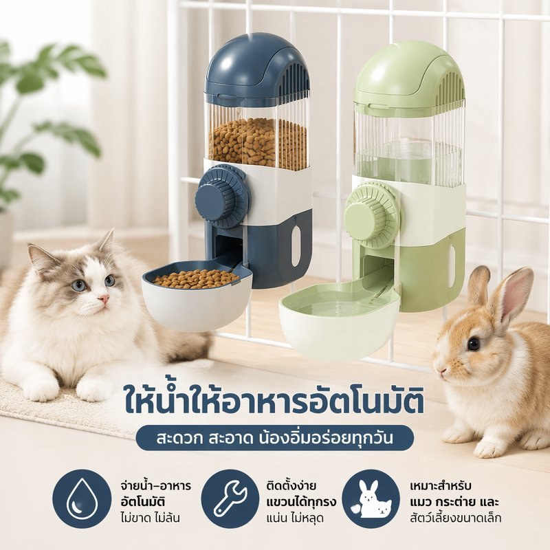 ที่ให้อาหารน้ำสัตว์เลี้ยงอัตโนมัติ แบบติดกรง ถังใหญ่ กันชื้น ชามกรองขน สำหรับแมว กระต่าย