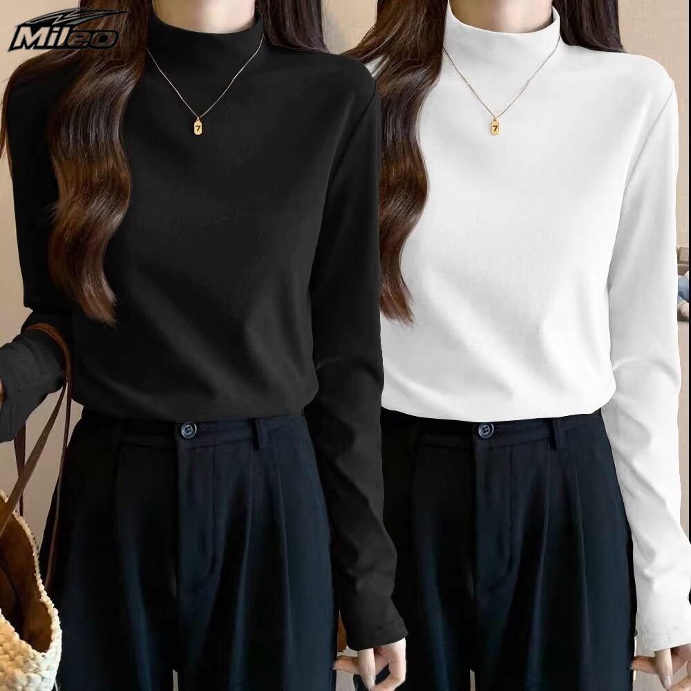 กึ่งคอเต่าแขนยาวสำหรับผู้หญิง พร้อมให้เลือกถึง 9 สี พื้นฐานและทันสมัย เหมาะสำหรับฤดูใบไม้ผลิดำเนินและฤดูร้อน