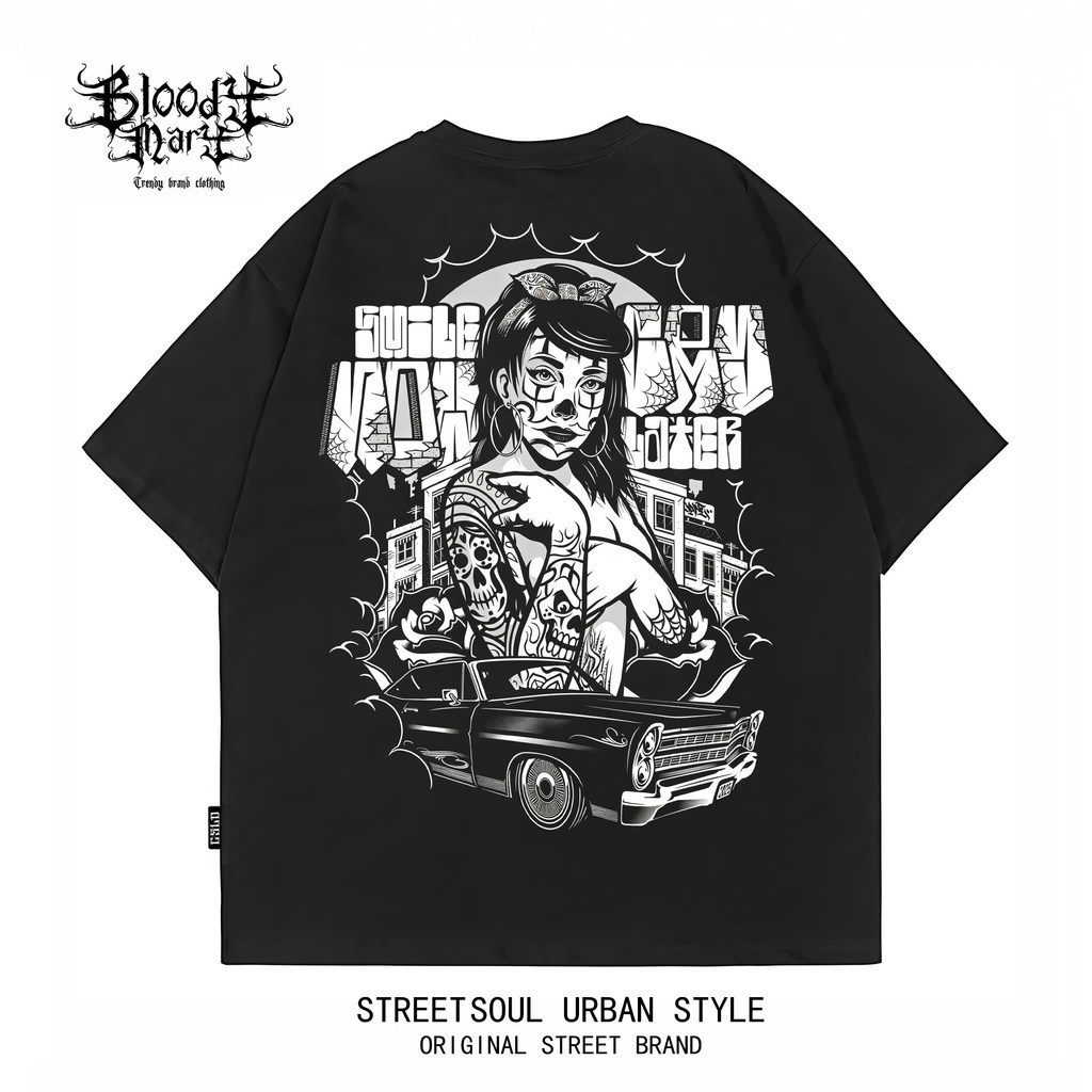 คุณภาพสูง Vintage Chicano Sugar Skull Tattoo Girl Lowrider Block Letter ขนาดใหญ่ Street Soft Premium