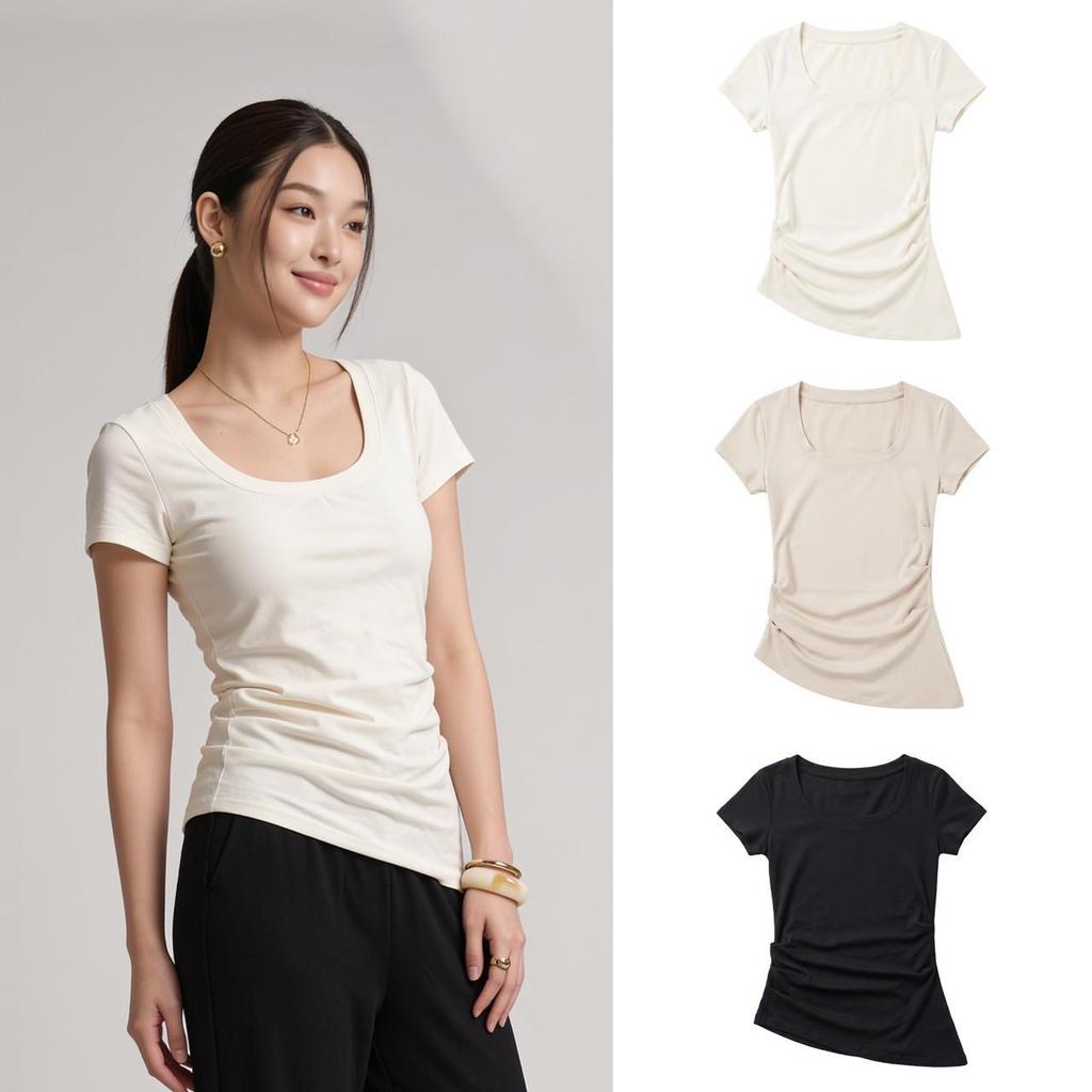 Mellow tops - เสื้อยืดคอยูเบาๆ ทรงคอและลำตัวสวยมาก เนื้อผ้านิ่มเด้งกระชับ RTW