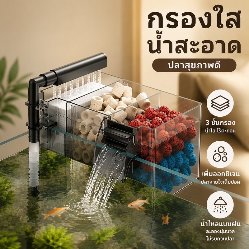 กรองตู้ปลา ฝักบัวสายฝน ปั๊มน้ำ 3 in 1 ออกซิเจนปลา หมุนเวียนน้ำ ระบบกรองกล่อง ตู้ปลาเล็ก