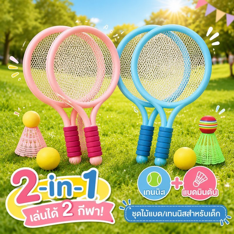 ชุดไม้แบดมินตันสําหรับเด็ก 2 ใน 1 ลูกเทนนิสลูกขนไก่น้ําหนักเบาของเล่นฝึกกลางแจ้ง