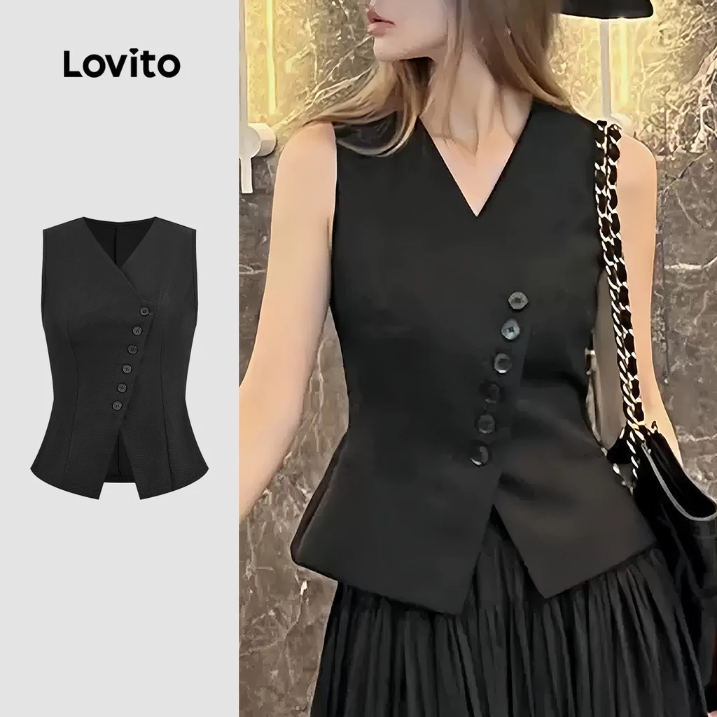 Lovito สง่างาม เสื้อผู้หญิงสีดําทรงอสมมาตร ติดกระดุมด้านหน้าสําหรับฤดูใบไม้ผลิ/ฤดูร้อน L178ED334
