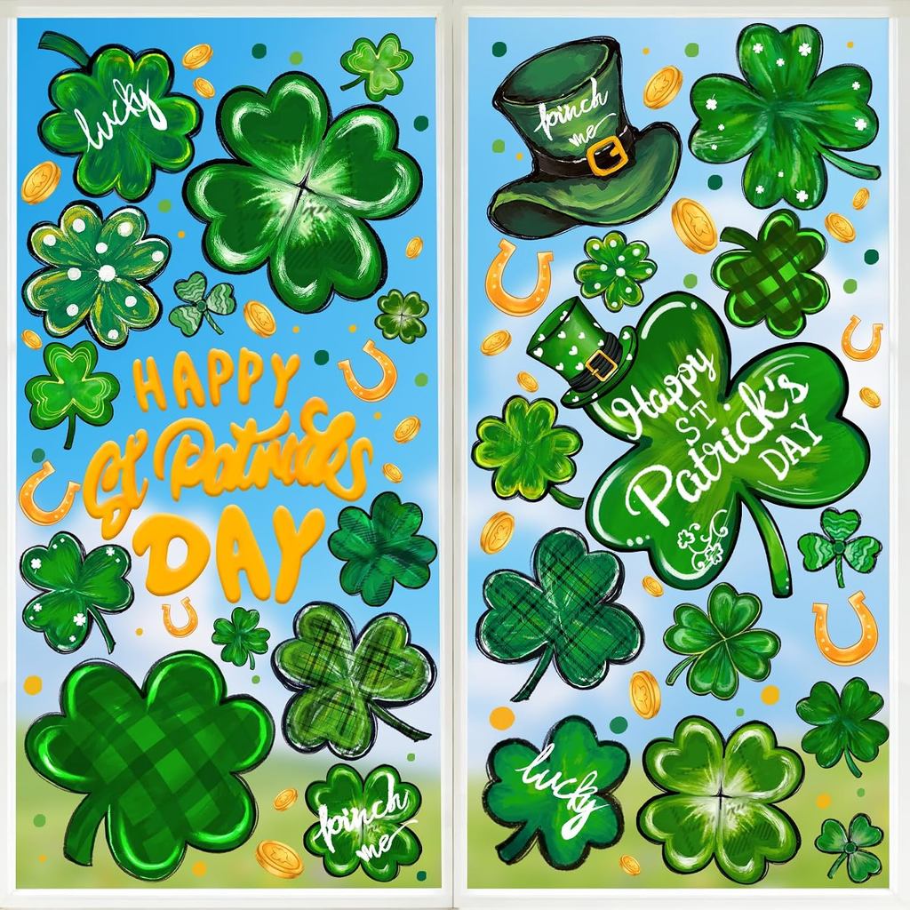 9 แผ่น เซนต์ เกาะหน้าต่างวันแพทริค,การพิมพ์สองด้านแบบคงที่สติกเกอร์ Shamrockขนาดใหญ่พิเศษและสติกเกอร