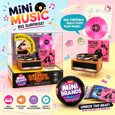 ZURU Mini Brands ใช้งานได้จริง Vinyl Playset Series 1 – เครื่องเล่นบันทึกขนาดเล็กที่ใช้งานได้พร้อมการเล่นเพลงจริง, รวมบันทึกและขาตั้งสะสม, ของขวัญของเล่นที่ยอดเยี่ยมสําหรับเด็ก