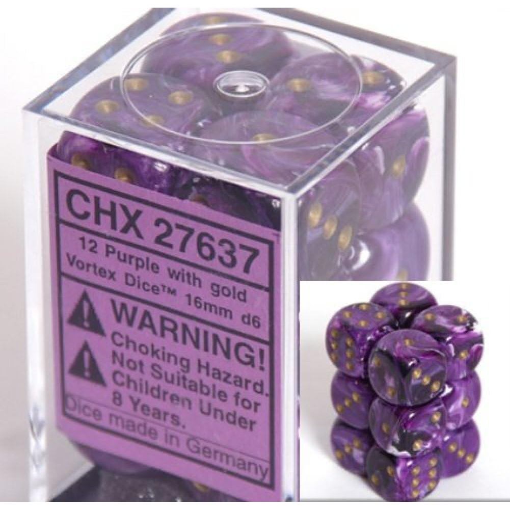 Chessex Dice d6 Set: Vortex Purple with Gold - 16mm Six Sided Die (12) บล็อกลูกเต๋า