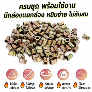 ชุดรีเวทนัท 150 ชิ้น M3 M4 M5 M6 M8 M10 เหล็กคาร์บอนชุบซิงค์สีรุ้ง น็อตรีเวทหัวแบน สำหรับงานเหล็ก งานซ่อมรถยนต์ งานช่าง