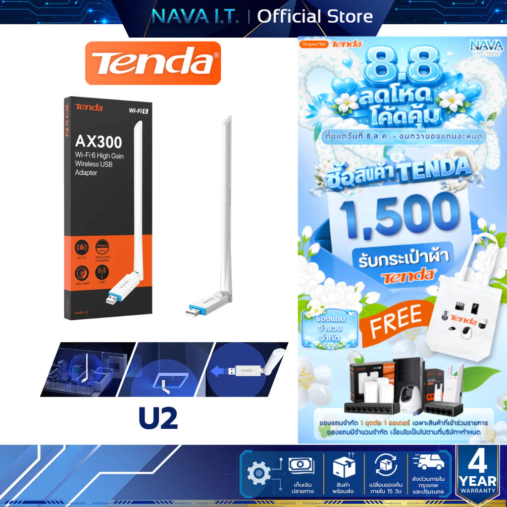 Tenda U2 ตัวรับสัญญาณ WiFi 6 AX300 High Gain Wireless USB Adapter (U2) ประกันศูนย์ 4 ปี