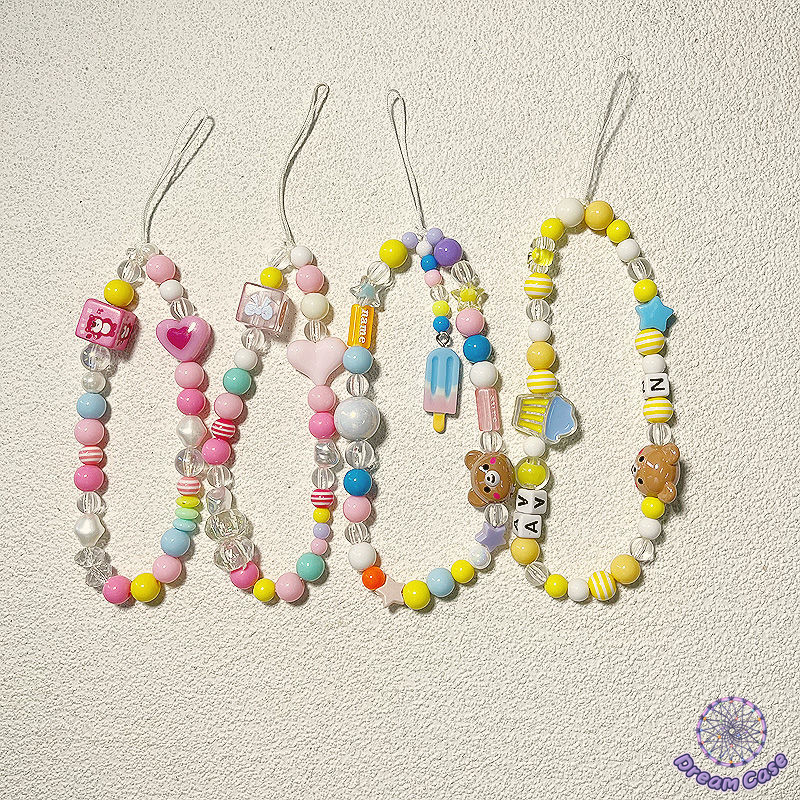 สร้อยข้อมือโทรศัพท์ ลายดาวและลูกปัด สีพาสเทล สไตล์หวานๆ ป้องกันหล่น สร้อยข้อมือโทรศัพท์ ลายหมีและไอศกรีม สีสดใส น่ารัก