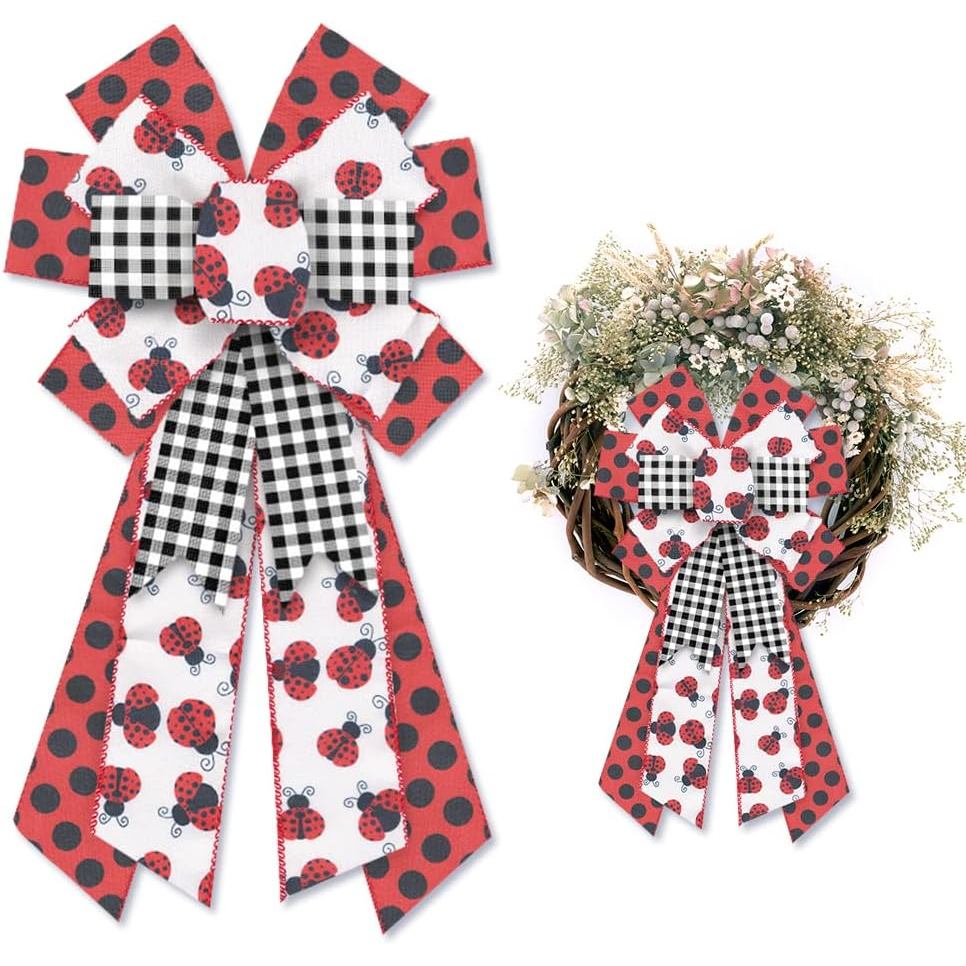 Hying โบว์ฤดูใบไม้ผลิขนาดใหญ่สําหรับพวงหรีด,จุดสีแดง Ladybug Bow สําหรับประตูด้านหน้า, Beetle Buffal