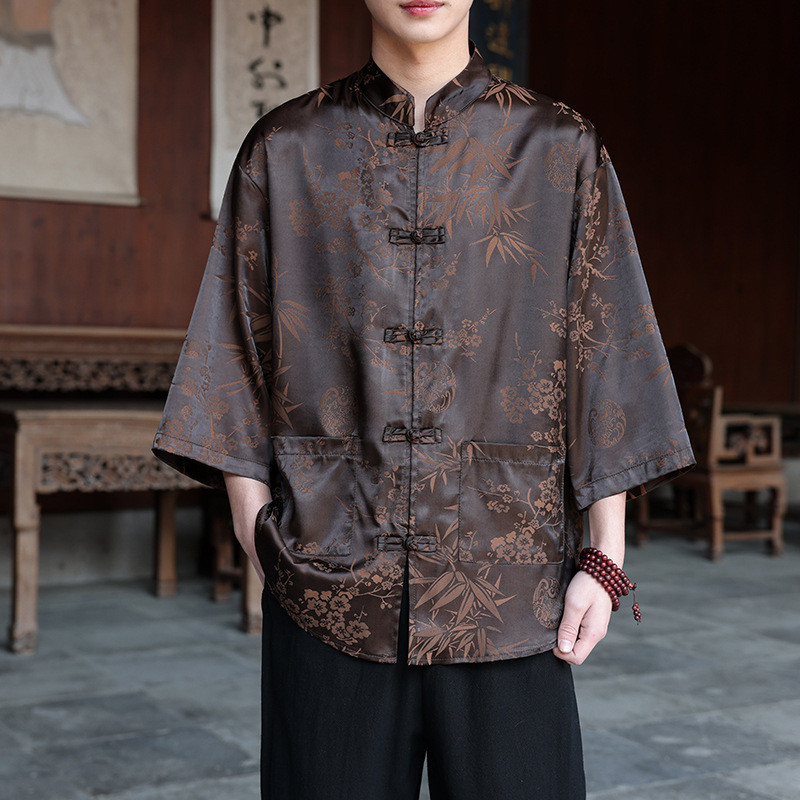 T Tang Men Hanfu เสื้อติดกระดุมเสื้อจีน Breathable วัสดุแขนสั้นผู้ชาย 8.5