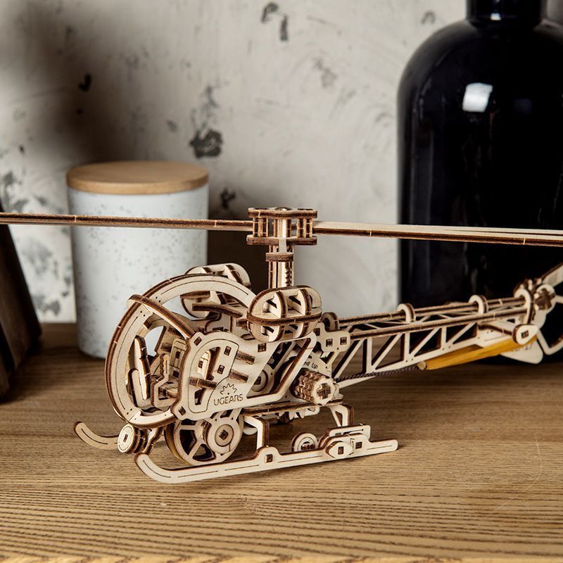 UGEARS3D ปริศนาไม้เฮลิคอปเตอร์เมืองรุ่นเครื่องบินประกอบบล็อกตัวต่อปริศนาเด็กของขวัญวันเกิด