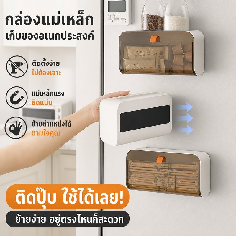 กล่องเก็บของแม่เหล็ก ติดข้างตู้เย็น ติดผนัง ไม่ต้องเจาะ ที่วางชา กาแฟ เครื่องปรุง จัดระเบียบครัว