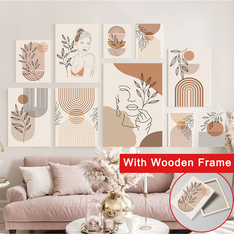 (พร้อมกรอบ) Boho บทคัดย่อผ้าใบ Wall Art Neutral Earth Tone Botanical Leaf Line Art โปสเตอร์เรขาคณิต Arch Shape พิมพ์ Minimalist ความงาม Wall Decor สําหรับห้องนั่งเล่นห้องนอน