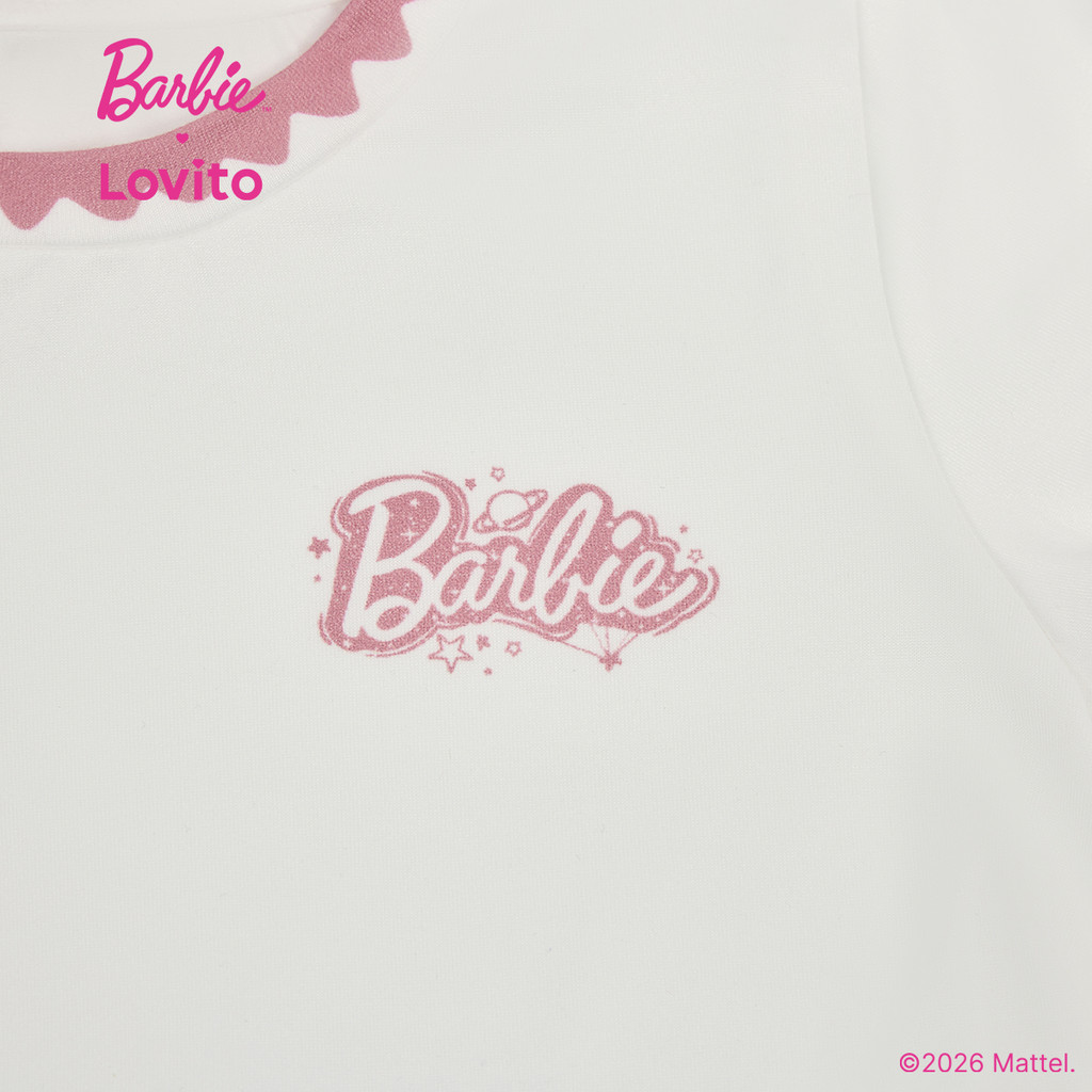 Barbie × Lovito Kids تيشيرت بنات وردي بطباعة حروف — صورة 6