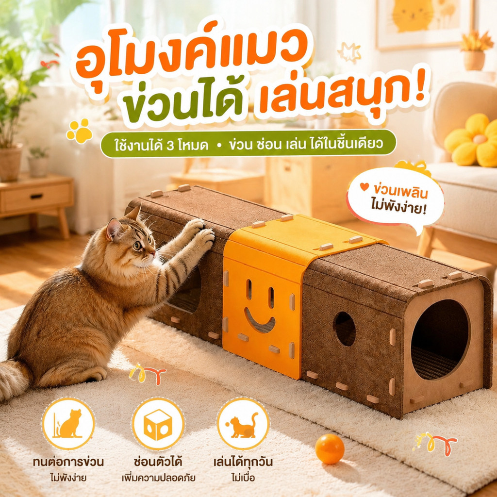 อุโมงค์แมว หลบซ่อนเล่นได้ ที่ลับเล็บแมวในตัว ป้องกันรอยขีดข่วน ทนต่อการสึกหรอ ใช้ได้กับแมวและกระต่าย