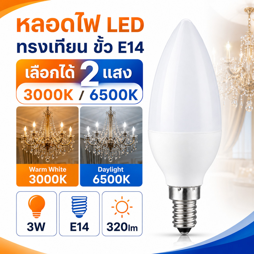 หลอดไฟ จำปา LED 3W ขั้ว E14 320 Lumen AC 85-265V เลือกแสง เหลือง Warmwhite 3000K / ขาว 6500K