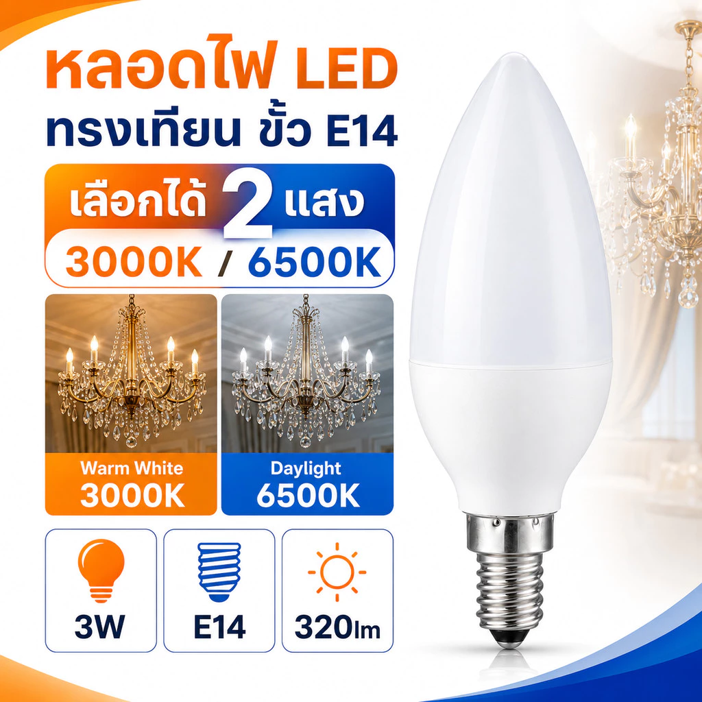 หลอดไฟ จำปา LED 3W ขั้ว E14 320 Lumen AC 85-265V เลือกแสง เหลือง Warmwhite 3000K / ขาว 6500K