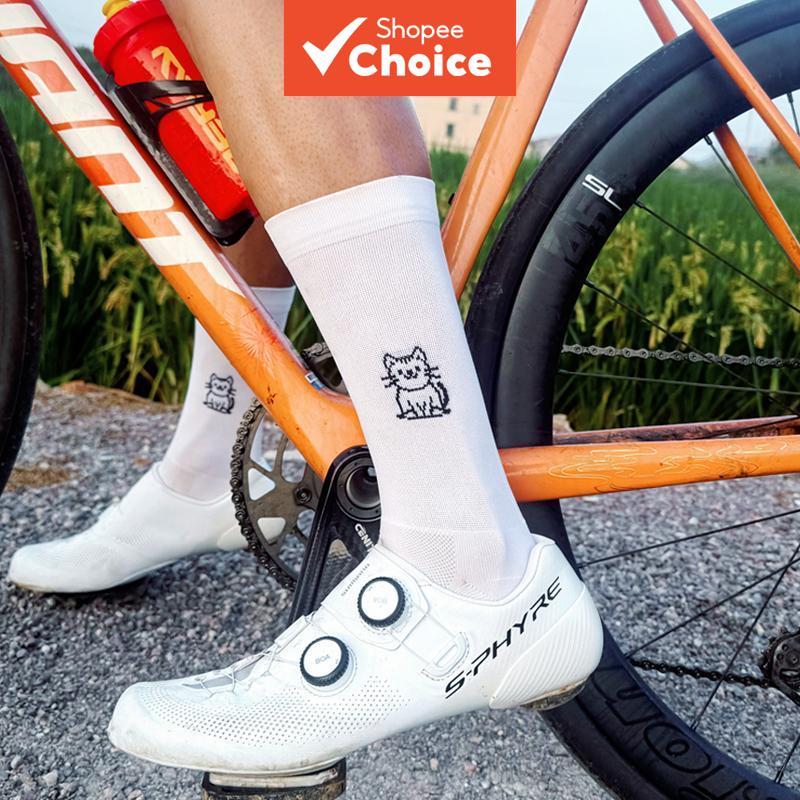 SPORCKS ถุงเท้าปั่นจักรยานแบบ Cat-themed ใหม่ Simple, All-Season Breathable Quick-Drying High-Elasticity ทนทานคู่ถุงเท้าปั่นจักรยานกลางลูกวัว