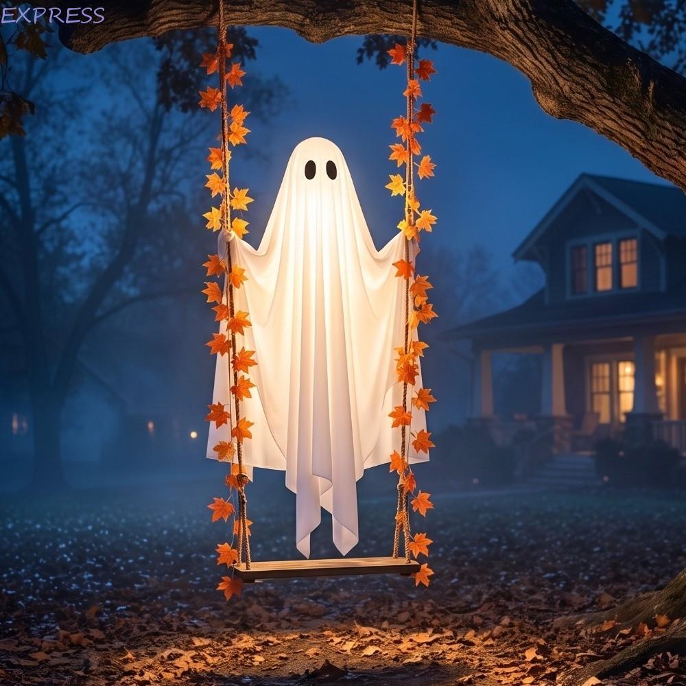 EXPRESS แขวนแกว่งผีตกแต่งฮาโลวีน,ขนาดใหญ่น่ารักใบเมเปิ้ล Ghost Swing Light,ใหม่ปรับน่ากลัวตกแต่งเรืองแสง Spooky Ghost เครื่องประดับสวน