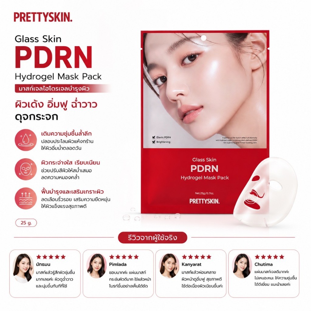 พร้อมส่ง Pretty Skin Glass Skin PDRN Hydrogel Mask Pack 25g แผ่นมาส์กหน้าไฮโดรเจล